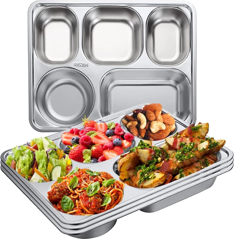 Photo 1 of 4 Pack Stainless Steel Divided Trays, 5 Section Divided Dinner Plates Rectangular 304 Steel Section Control Plates for Adults, Kids, Campers, Diet Food Portion Control