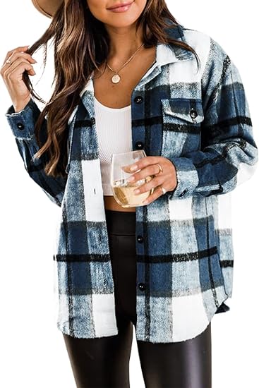 Photo 1 of Blansdi Women’s Casual Plaid Flannel Shacket Jacket Oversized Button Down Long Sleeve Fall Shirt Jacket Coat Tops