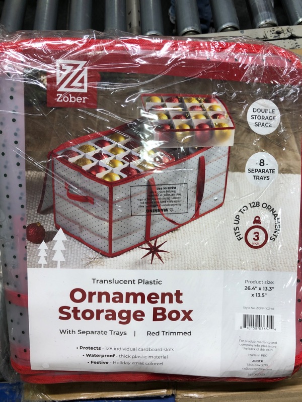 Photo 2 of ZOBER Plastic Christmas Ornament Storage Box Large with 2-Sided Dual-Zipper Closure - Keeps 128 Holiday Ornaments, Xmas Decorations Accessories, 3" Compartments - Sturdy Flexible Plastic Red Polka Dots