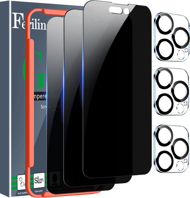 Photo 1 of Ferilinso [3+3 Pack] for Apple iPhone 14 Pro Max Privacy Screen Protector Tempered Glass Accessories 3 Pack 9H Anti Spy Privacy Screen for iPhone 14 Pro Max 3 Pack Camera Lens Protector