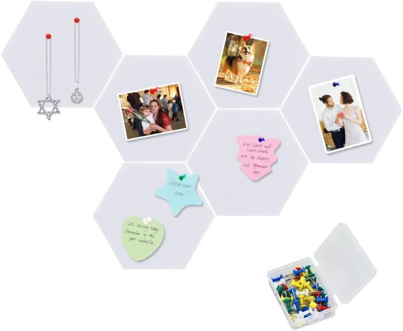 Photo 1 of Vuzvuv 6 Pcs White Hexagon Cork Board Bar Strips with 50 Pushpins, Self-Adhesive Bulletin Board Strips No Damage for Wall, Felt Pin Board for Paste Notes, Photos, Schedules Offices Home Light White-hexagon