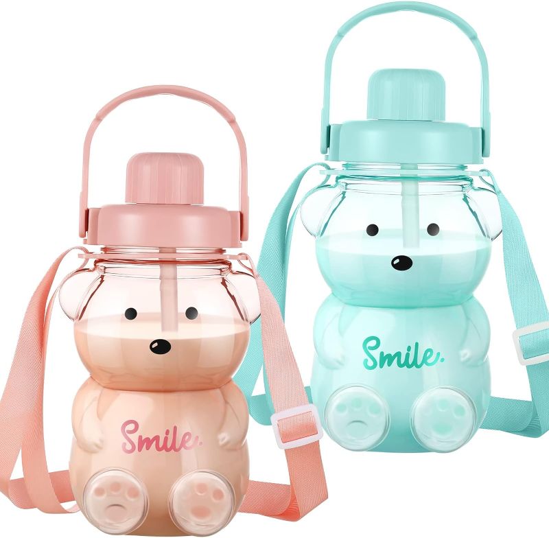 Photo 1 of 2 Pcs Cute Water Bottles Leak Proof Kawaii Bear Straw Bottle Large Capacity Bear Cup with Adjustable Removable Shoulder Strap Kawaii Stickers for Kids School Office Outdoor Activities
