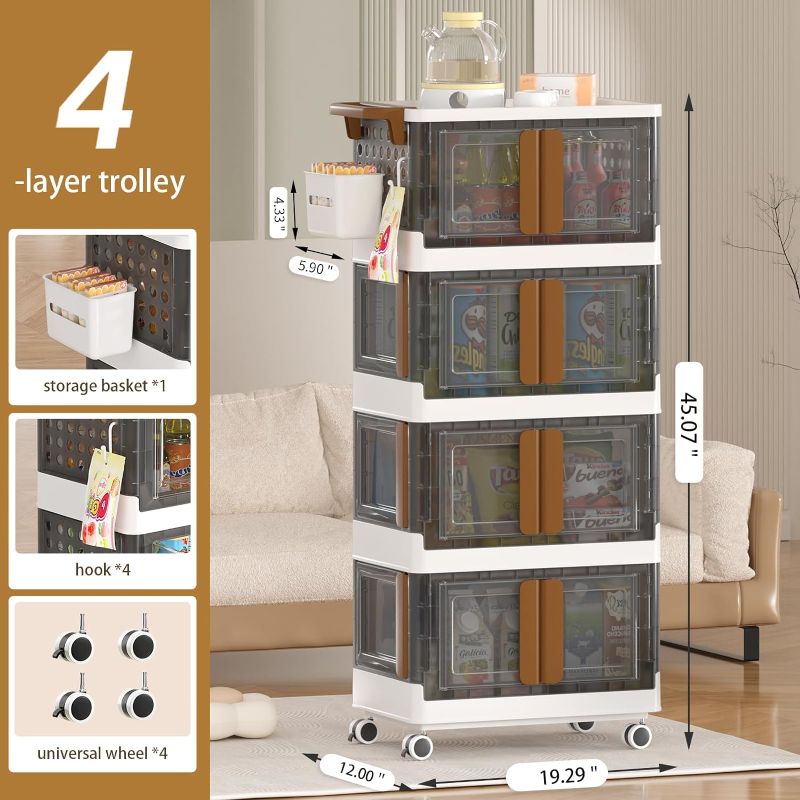 Photo 1 of HAIXIN 4 Tier Rolling Cart Utility Cart with Drawer Plastic Kitchen Cart with Handle, Tool Cart with Storage Bins 4 Directions Opening Grocery Cart Storage Cart with 4 Hook, Heavy-Duty Storage Trolley