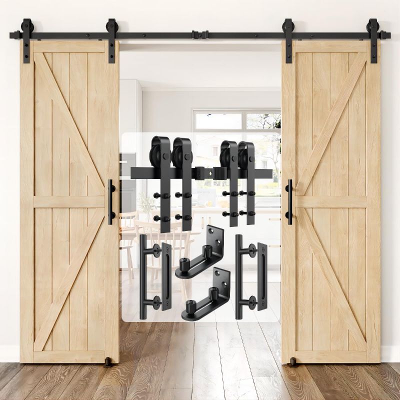 Photo 1 of 10ft Heavy Duty Sturdy Sliding Barn Door Hardware Kit Double Door Whole Set Include 2X Round Door Handle, 2X Floor Guide - Fit 1 3/8-1 3/4" Thickness Door Panel(Black)
