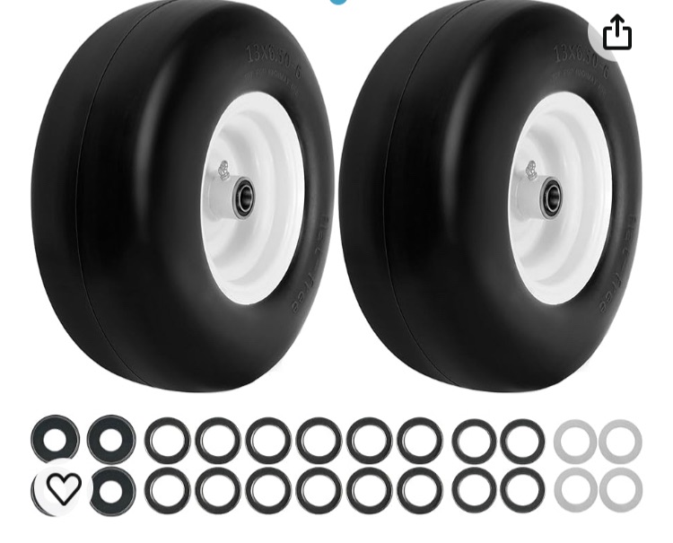 Photo 1 of 2 Pack 13x6.50-6 Tires Flat Free for Zero Turn Lawn Mower, 13x6.50x6 Solid Smooth Tire and Wheel Assemblies with Grease Fitting, 4" Centered Hub, 3/4" Ball Bearings with 24 Adapter Kits