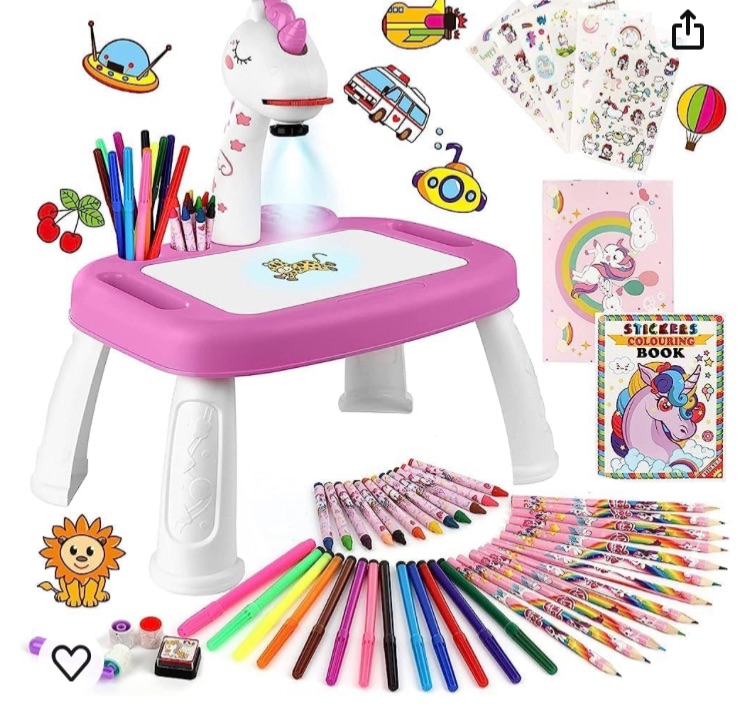 Photo 1 of Drawing Projector for Kids, Drawing Board with Music, Color Pens, Pencils, Crayons, Scrapbook, Sticker Book, Unicorn Stickers, Stamps, Ideal Toy for 3+ Year Old Girls & Boys (Unicorn Kit)