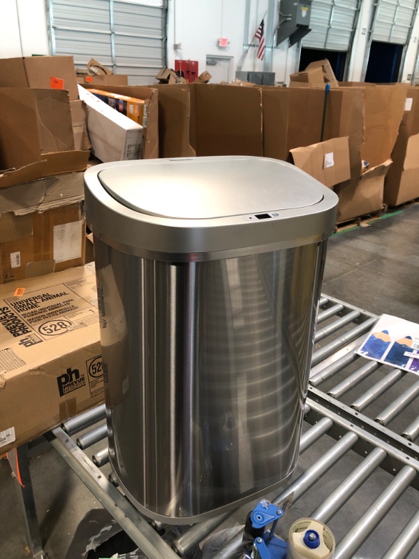 Photo 2 of **NEEDS CLEANED** Ninestars DZT-50-13 Automatic Touchless Motion Sensor Oval Trash Can with Black Top, 13 gallon/50 L, Stainless Steel 13 Gal. 50 L Stainless Steel