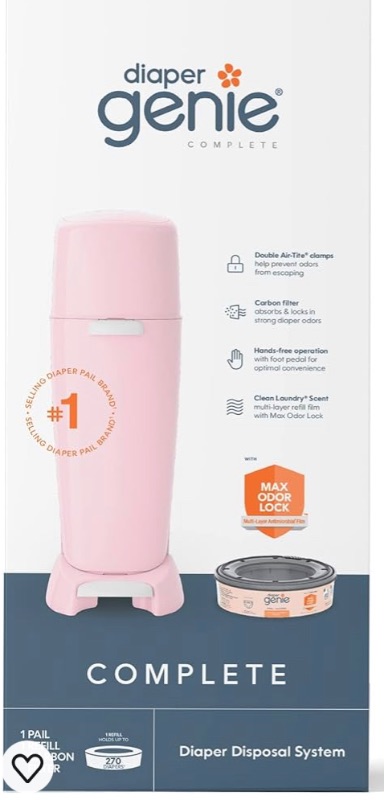 Photo 1 of Diaper Genie Complete Diaper Pail (Pink) with Antimicrobial Odor Control | Includes 1 Diaper Trash Can, 1 Refill Bags, 1 Carbon Filter