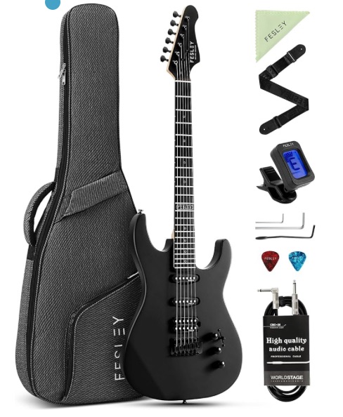 Photo 1 of 39 inch Electric Guitar, Electric Guitar Kit HSS Pickup Coil Split, Stylish Poplar Solid Body Electric Guitar for Beginner, Maple Neck, ST Style 6 String Guitar with Gig Bag, FST400M, Black