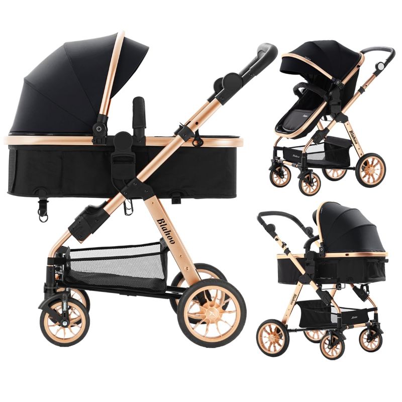 Photo 1 of Blahoo Baby Stroller for Toddler,Bassinet Stroller,Foldable Aluminum Alloy Pushchair with Adjustable Backrest,Adjustable Direction Gold Black