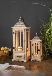 Photo 1 of **BROKEN ON ONE SIDE** Large Rustic Wooden Metal Decorative Lantern Set of 2, Modern Farmhouse Floor Candle Lanterns with Drawer, Indoor/Outdoor Hanging Lanterns for Home Decor (No Glass) ** not exact [hoto** 