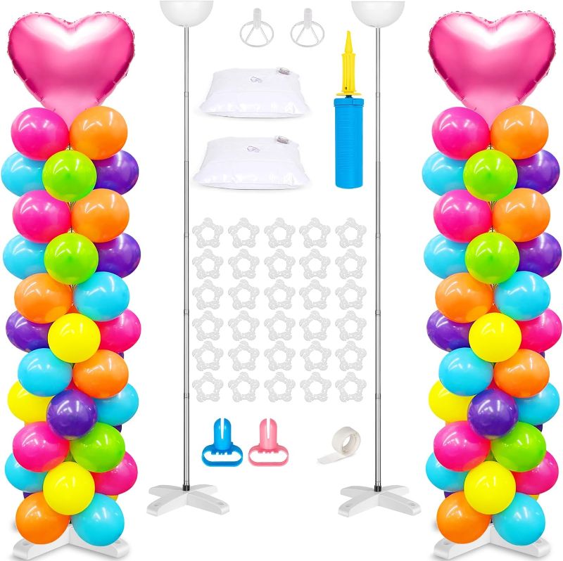 Photo 1 of 2 Sets Adjustable Balloon Column Stand Kit and Balloon Pump,Metal 9 Feet Balloon Stands for Floor, Balloon Tower Decorations for Baby Shower Graduation Birthday Wedding Party