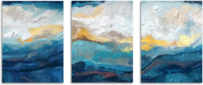 Photo 1 of Abstract Wall Art Home Wall Decor Modern Canvas Abstract Pictures for Living Room Bedroom Blue Wall Art 3 Panels Paintings High Definition Printing Canvas Art Strected Ready to Hang S