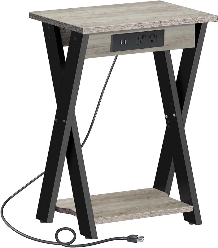 Photo 1 of TUTOTAK End Table with Charging Station, X Shaped Side Table with USB Ports and Outlets, Nightstand, 2-Tier Storage Shelf, Sofa Table for Small Space, Greige