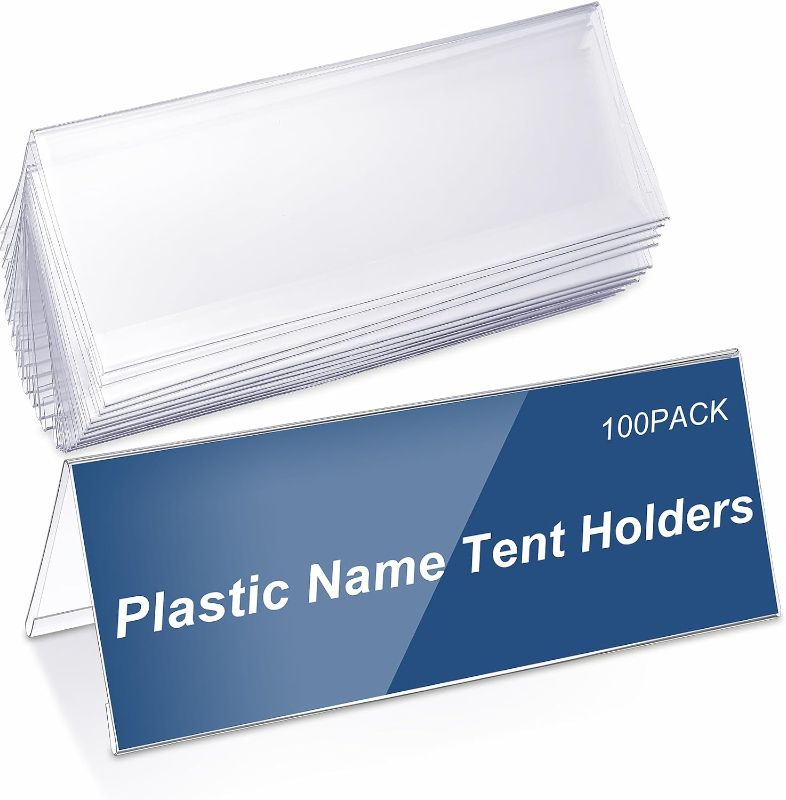 Photo 1 of Clear Plastic Name Tent Holders 11 x 4.25 Acrylic Name Plate for Desk PVC Name Card Tent Holder Desk Sign Frame for Table Office Business Conference Meeting Room School Display Stand (30 Pieces)