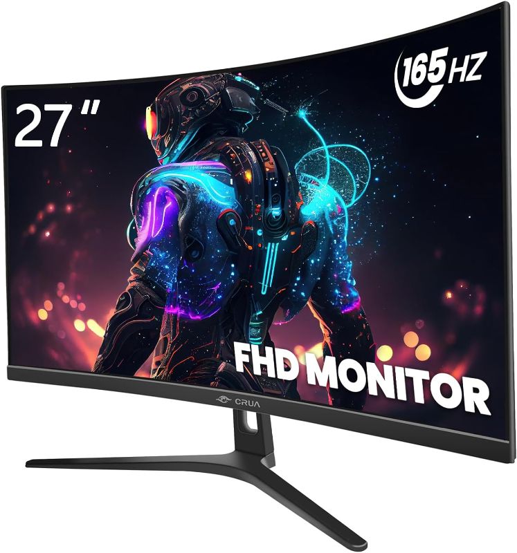 Photo 1 of CRUA 27Inch 144Hz/165Hz Curved Gaming Monitor, FHD 1080P VA Screen 1800R Curvature Computer Monitors, 1ms(GTG) with FreeSync, Support Wall Mount Install(DisplayPort | HDMI)- Black