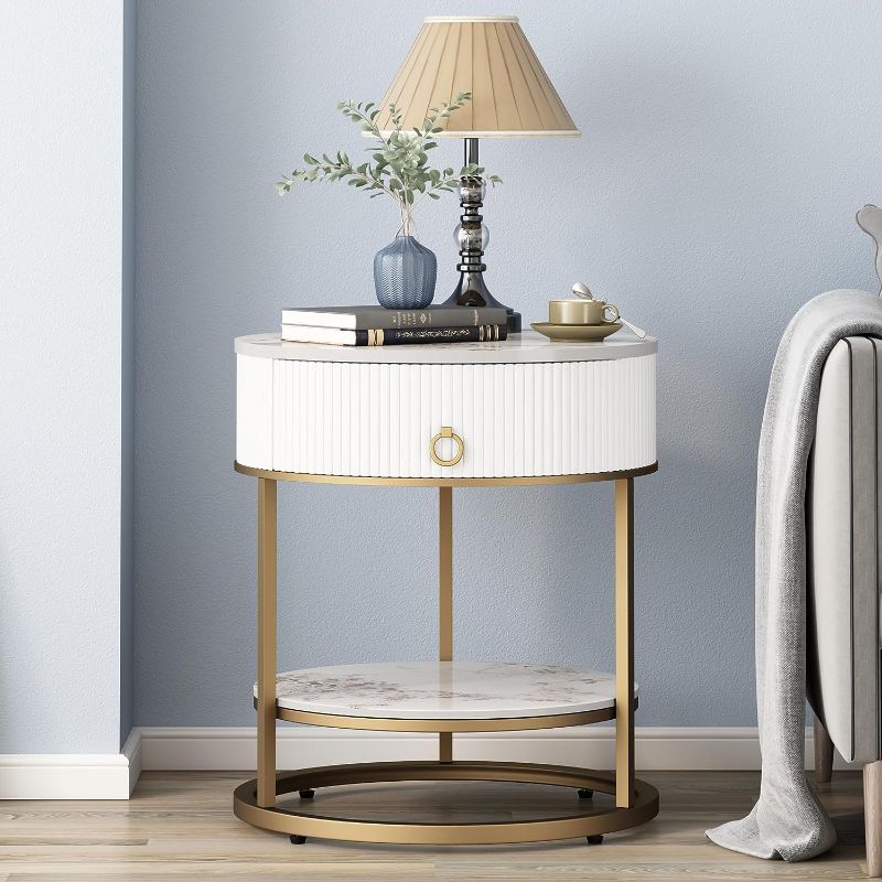 Photo 1 of  Round Side Table with Drawer, 2 Tier Night Stand with Shelf, Modern Side Table with Gold Legs for Living Room, Bedroom, Dorm, Marbling Natural Stone/Gold