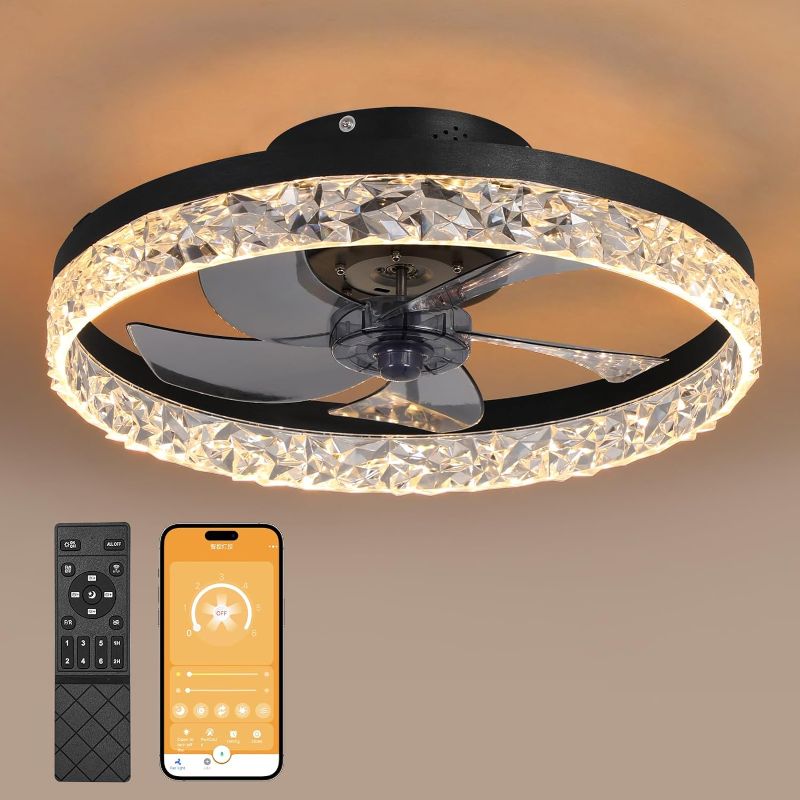 Photo 1 of 19.7" LED Ceiling Fan with Lights and Remote & APP, Semi-Enclosed Flush Mount Low Profile Ceiling Fan for Safe Use,6 Speeds, Reversible, LED Dimmable, 3 Color Temperature Optional, DC Motor Control