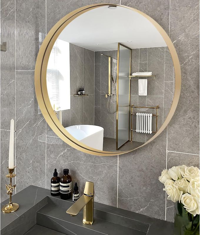 Photo 1 of 24 Inch Gold Round Mirror, Metal Frame Modern Circle Mirror, Bathroom Vanity Mirror for Wall, Decorative Wall Mounted Round Mirror for Living Room, Entryway