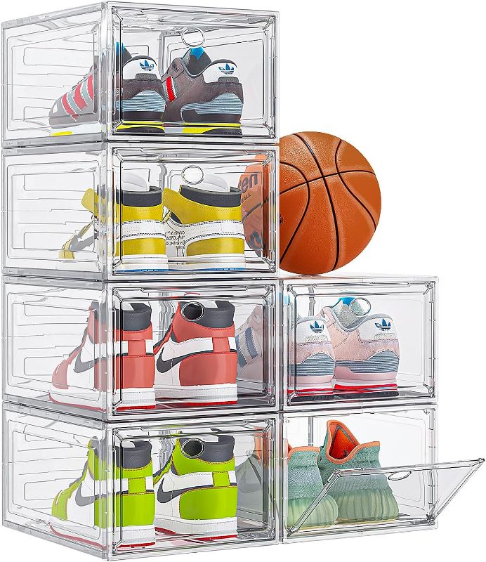 Photo 1 of ?Thicken & Sturdy?Clear Shoe Storage Organizer with Magnetic Door, Stackable Boxes for Closet, Foldable Space-Saving Shoe Rack for Sneaker Boot Container, Plastic Shoe Box 6 Pack, White ***stock photo similar item*** 