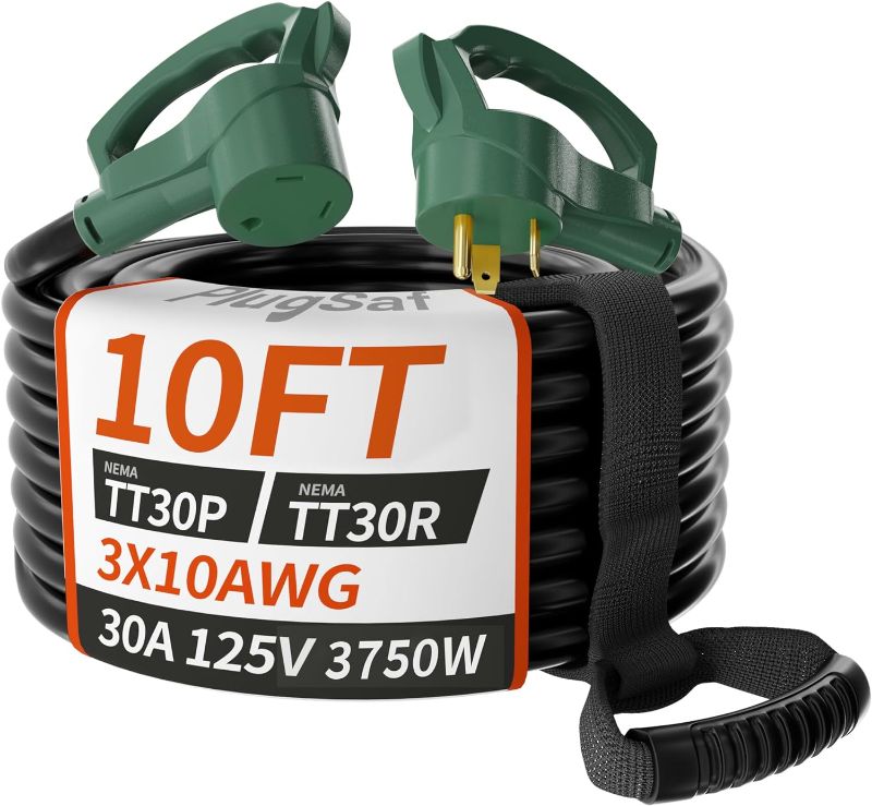 Photo 1 of 10 FT 30 Amp RV Extension Cord Outdoor with Grip Handle, Flexible Heavy Duty 10/3 Gauge STW RV Power Cord Waterproof with Cord Organizer, NEMA TT-30P to TT-30R, Black-Green, ETL Listed ***stock photo similar item***