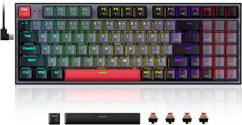 Photo 1 of Redragon Mechanical Gaming Keyboard, Wired Mechanical Keyboard with 94 Keys, Programmable Macro Editing, Numeric Pad, Red Switches, Compact Keyboard Mechanical for Pc Mac Ipad, Gray Black