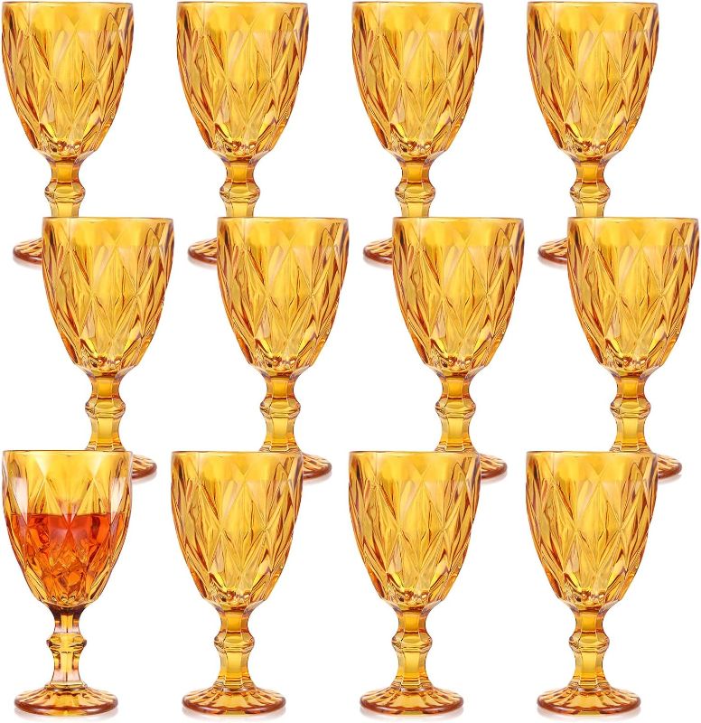 Photo 1 of 12 Pack Glass Goblet Vintage Wine Goblet Embossed Glassware 10 oz Solid Color Glass Goblet for Iced Tea Beverage Stemmed Cups Soda Juice Water Liquor and Party Wedding Bars Restaurants (Amber)