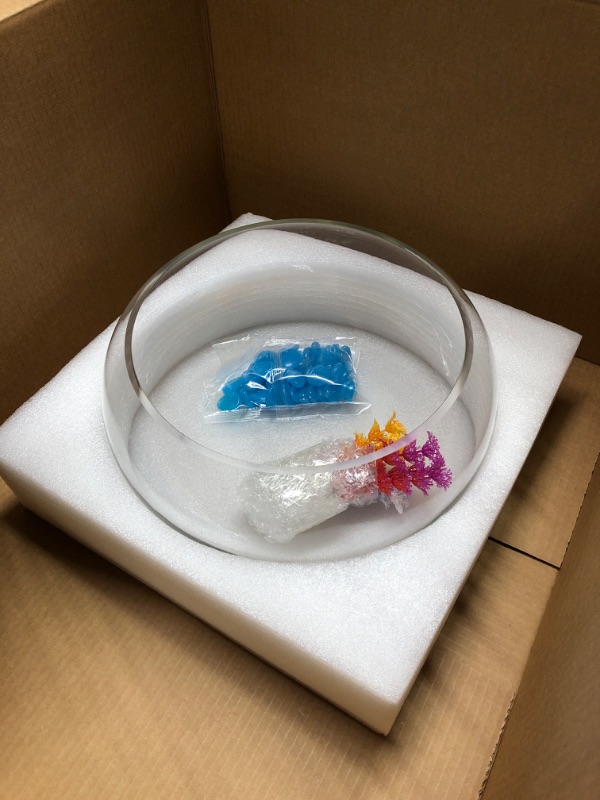 Photo 2 of 2 Gallon Glass Fish Bowl with Decor, Include Fluorescent Stones & Colorful Plastic Trees, High White Glass for Clear View, Small Fish Bowl/Vase/Aquarium for Betta Fish/Goldfish, Nice Home Décor