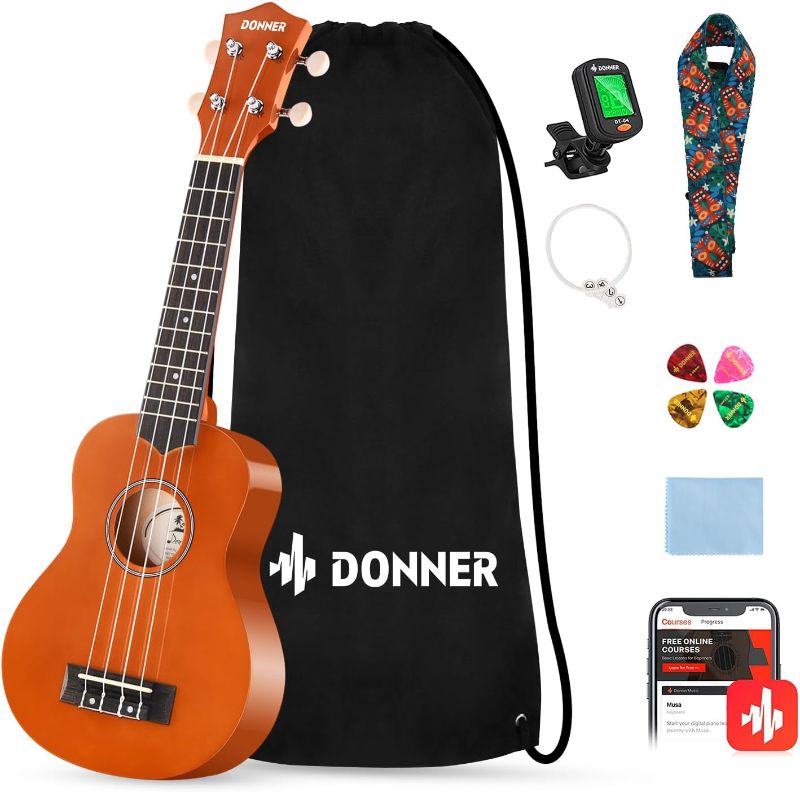 Photo 1 of Donner Soprano Ukulele for Beginners 21 Inch Ukelele Starter Bundle Kit with Free Online Lessons Bag Strap String Tuner Picks Cloth Ukalalee Yukalalee (Orange)