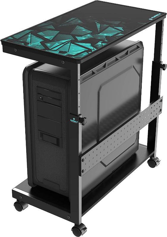 Photo 1 of EUREKA ERGONOMIC Height Adjustable Computer Tower Stand, 2-Tier ATX-Case CPU Holder Cart Under Desk Mobile PC Standing Table Home Office Gaming Accessories w/Rolling Wheels & Mouse Pad, Black