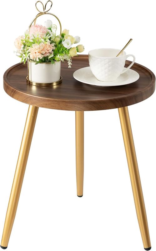 Photo 1 of  Round Side Table, Metal Legged Accent Table with Wooden Tray, Small Round End Table for Living Room, Bedroom, Nursery, Brown & Gold
