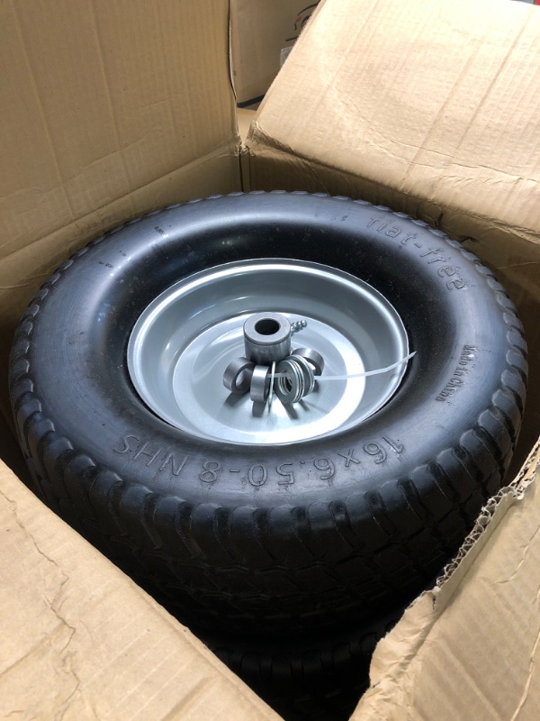 Photo 2 of (2-Pack) 16x6.50-8 Tire and Wheel Flat Free - Solid Rubber Riding Lawn Mower Tires and Wheels - With 3" Offset Hub and 3/4" Bushings - 16x6.5-8 Tractor Turf Tire Turf-Friendly 3mm Treads 16x6.50-8 Flat-Free Silver