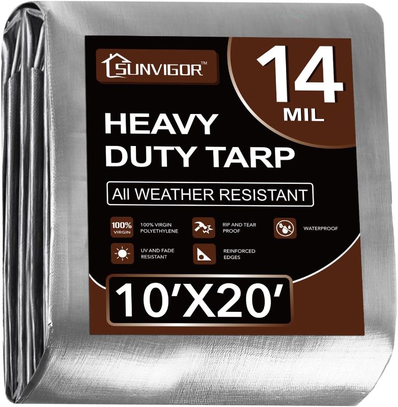 Photo 1 of 16x20 Ft Tarp Waterproof, 14 Mil PE Heavy Duty Tarps Tear & Fade Resistant, UV Proof Poly Tarpaulin - with Strong Grommets Every 23.6" and Reinforced Edges