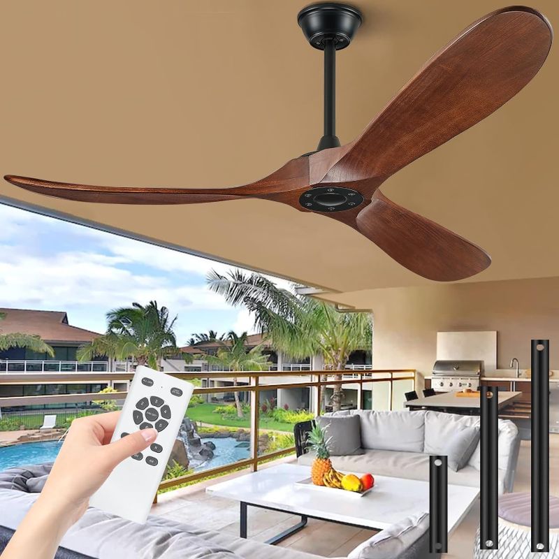 Photo 1 of 60 inch Ceiling Fan Without Light, Ceiling Fan no Light with Remote Control and Quiet DC Motor, Outdoor Ceiling Fans for Patios without Lights, Solid Wood 3 Blades, ETL Listed- Dark Walnut