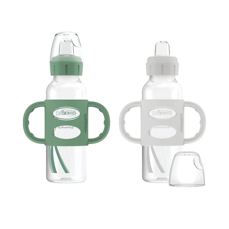 Photo 1 of Dr. Brown’s® Milestones™ Narrow Sippy Straw Bottle with 100% Silicone Handles, 8oz/250mL, Gray & Green, 2 Pack, 6m+ 2 Pack, 8 oz, Gray & Green