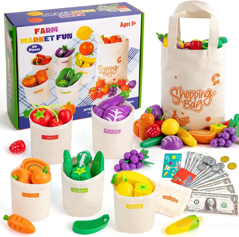 Photo 1 of EFO SHM Wooden Farmers Market Color Sorting Toys, Pretend Play Food Set, Fruit & Vegetables Kitchen Set with Sorting Bag, Play Money, Shopping Bag, Montessori Educational Toy for Toddlers Boys Girls