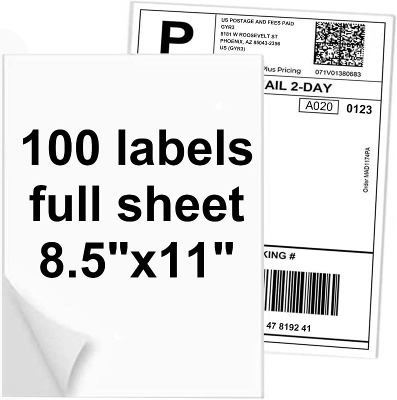 Photo 1 of 100 Full Sheets Sticker Paper for Laser & Ink Jet Printers, 8.5" x 11" Full Sheet Address Shipping Label, 100 Sheets 100 Labels