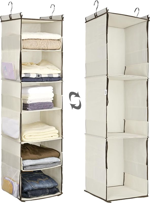 Photo 1 of 1 PC Hanging Closet Organizer, 3-in-1 to 6-in-1 Reversible Cloth Hanging Shelves with 6 Side Pockets for Wardrobe Clothes Sweater Storage, Foldable, Beige