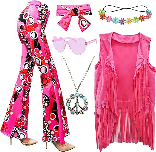 Photo 1 of FunMular 60s 70s Outfits for Women Hippie Costume Set Peace Sign Earring Headband Fringe Vest Tassel Cardigan Large Pink