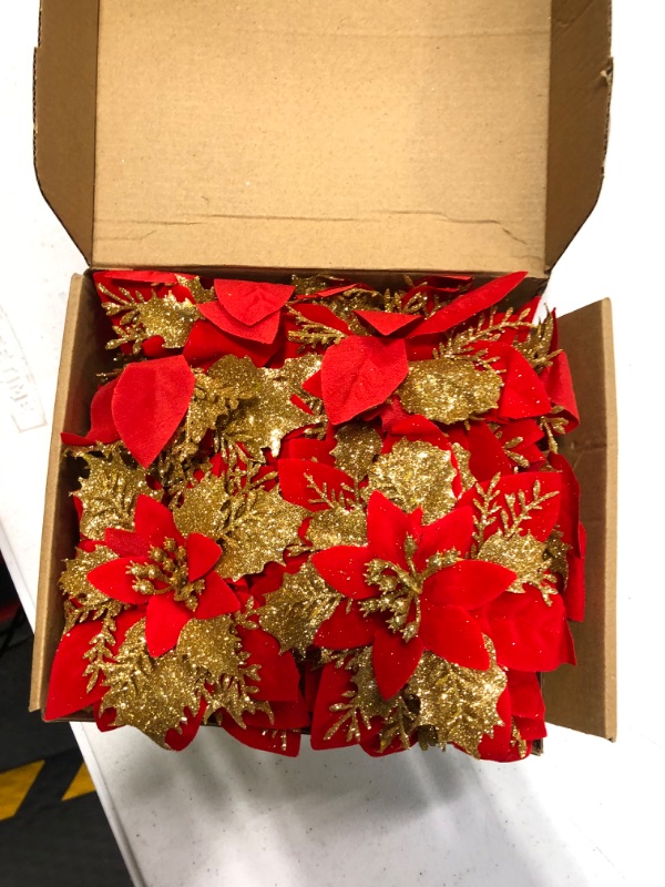 Photo 3 of 16 Pcs Poinsettia Artificial Christmas Flowers Decorations with Clips and Stems Glitter Christmas Poinsettia Decorations for Xmas Tree Ornaments Winter Party Wreath Decoration (Red & Golden)