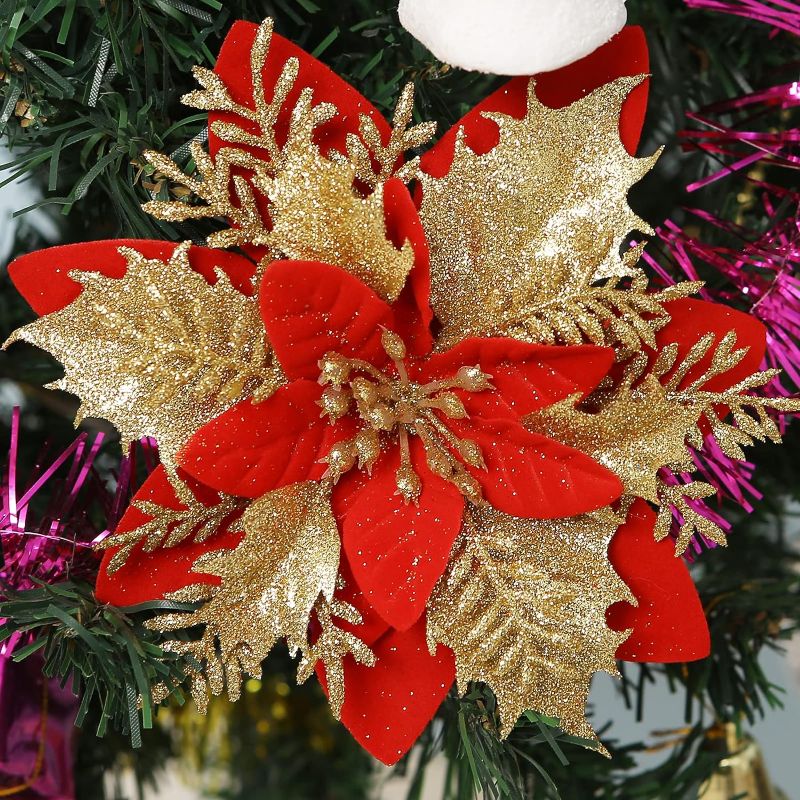 Photo 1 of 16 Pcs Poinsettia Artificial Christmas Flowers Decorations with Clips and Stems Glitter Christmas Poinsettia Decorations for Xmas Tree Ornaments Winter Party Wreath Decoration (Red & Golden)