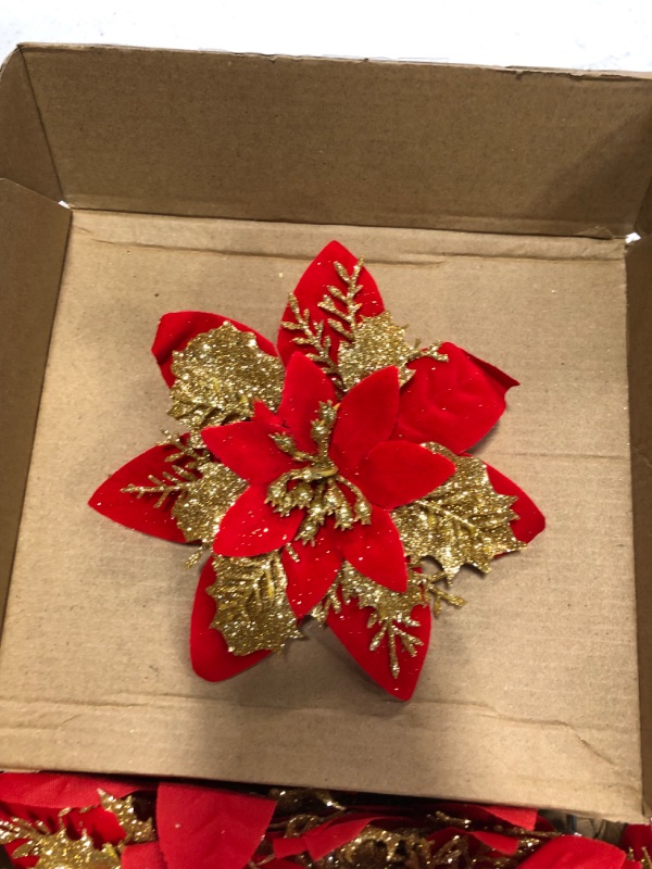 Photo 2 of 16 Pcs Poinsettia Artificial Christmas Flowers Decorations with Clips and Stems Glitter Christmas Poinsettia Decorations for Xmas Tree Ornaments Winter Party Wreath Decoration (Red & Golden)