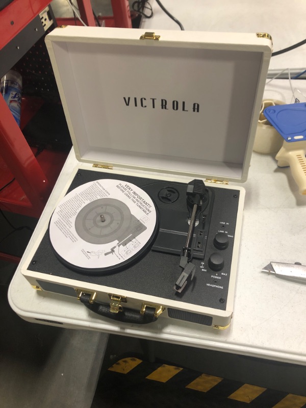 Photo 2 of ***MISSING POWER CORD***Victrola Vintage 3-Speed Bluetooth Portable Suitcase Record Player with Built-in Speakers | Upgraded Turntable Audio Sound| White (VSC-550BT-WH) White Record Player