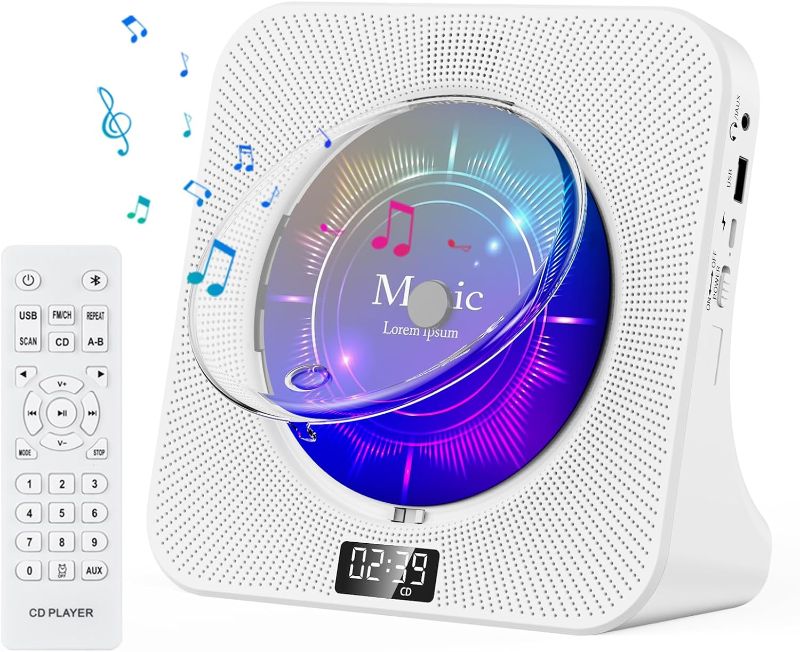 Photo 1 of CD Player for Home Bluetooth CD Player Desktop with Speakers & Front Display Remote Control Dust Cover Display FM Radio Timer USB AUX Headphone Port Type-C