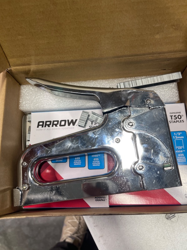 Photo 3 of Arrow T50 Heavy Duty Staple Gun Kit, All Chrome Steel Stapler, with 3750 Pieces T50 1/4", 3/8", 1/2" Staples, for Upholstery Professional Projects ***USED**** 