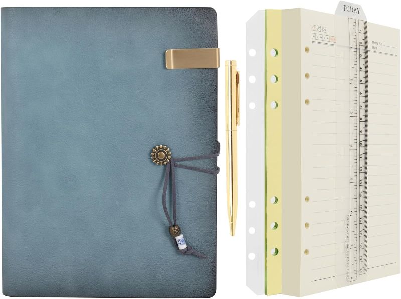 Photo 1 of Wonderpool Leather Journal Lined Paper Notebook & Pen - Refillable 6 Ring Binder Writing Spiral Diary with Ruled Notepads Vintage Cover for Office Travel Work and Plan Agenda (A5, a-Cyan)
