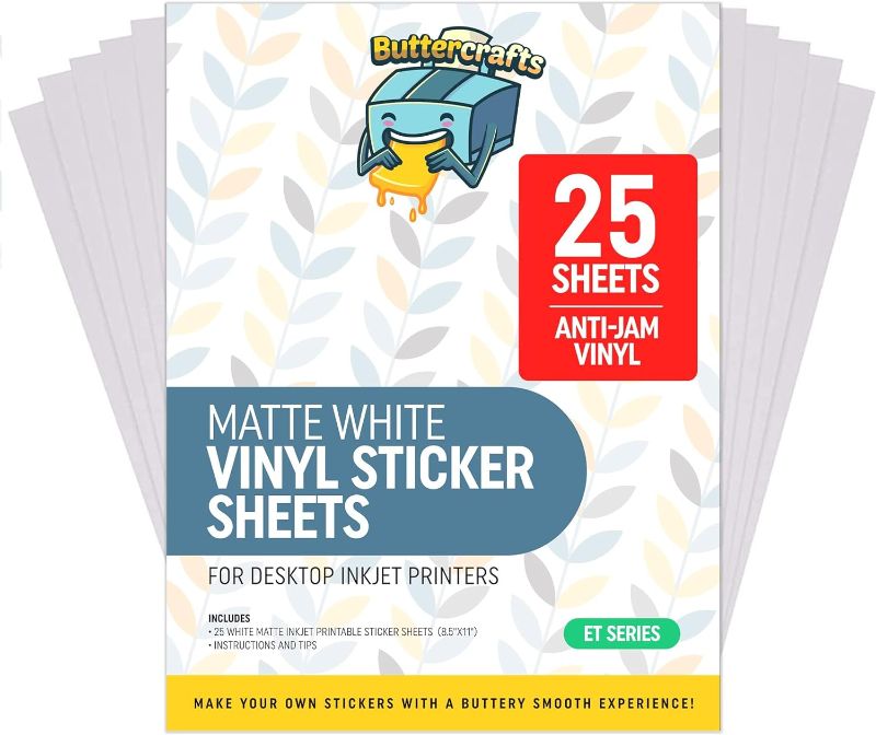 Photo 1 of Premium Printable Vinyl Sticker Paper for Epson 25 Sheets, 8.5"x11" - Matte Sticker Paper for Inkjet Printer Waterproof - White Vinyl Sticker Sheets - Strong Adhesive, Laser Labels & Decals 25 Sheets (ET Series - For Epson Printers)