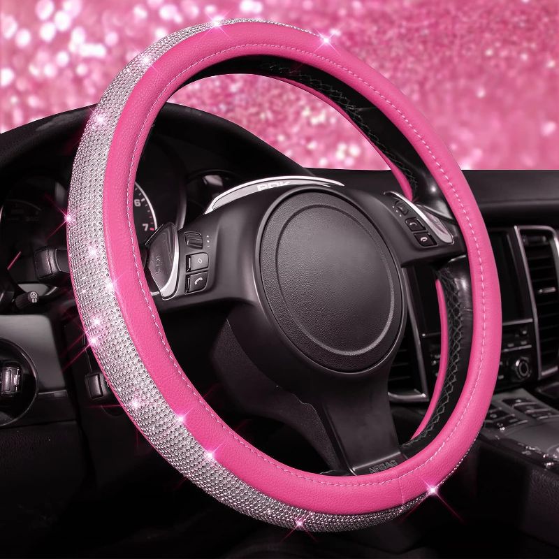 Photo 1 of CAR PASS Diamond Pink Leather Steering Wheel Cover, with Bling Crystal Rhinestones Universal Fit 14" 1/2-15" Crystal Glitter for Women Sparkle Girl Fit Suvs,Vans,Sedans,Cars,Trucks, Pink Diamond