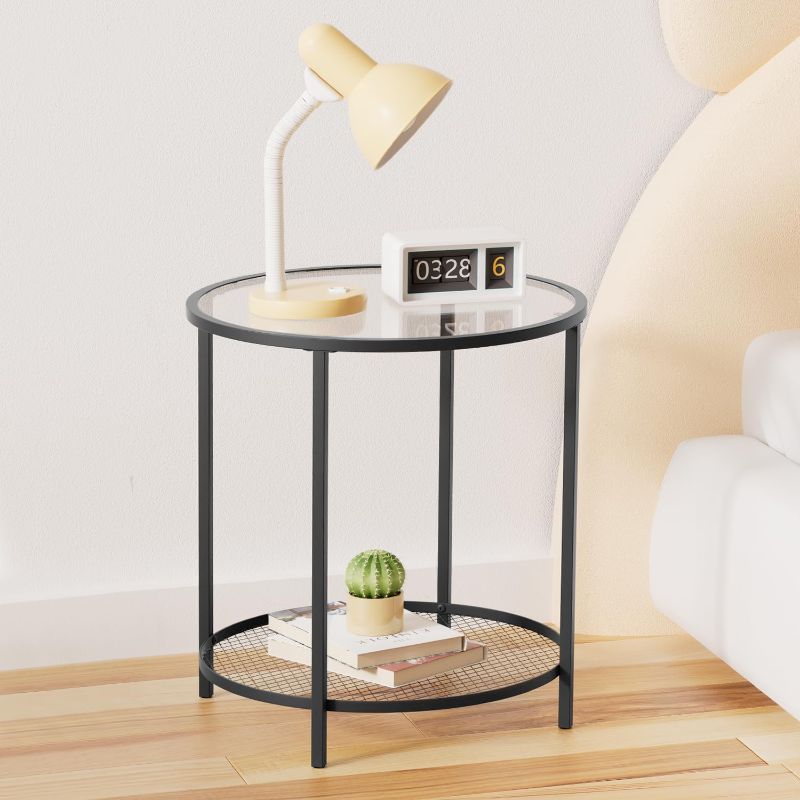 Photo 1 of CADANI End Table, Glass Side Table with Open Storage, 2-Tier Black Accent Table with Sturdy Metal Frame, Modern Round Coffee Table for Living Room, Bedroom, Balcony, Patio