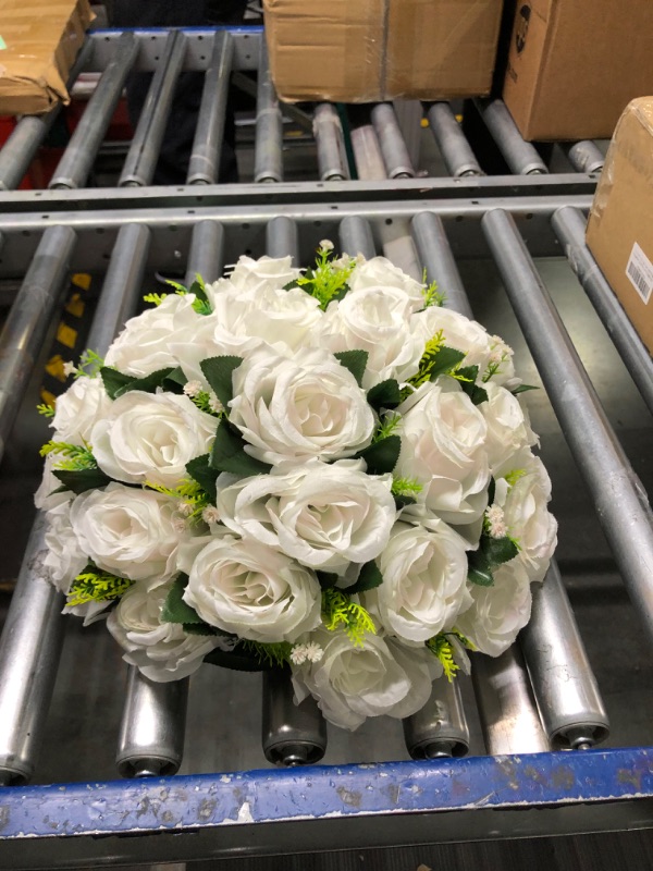 Photo 4 of 10Pcs Artificial Flower Ball Arrangement, 9.5" 15 Heads Wedding Roses Bouquet with Base Suitable for Parties Valentine's Day Wedding Centerpieces Flower Rack and Home Decor (White)